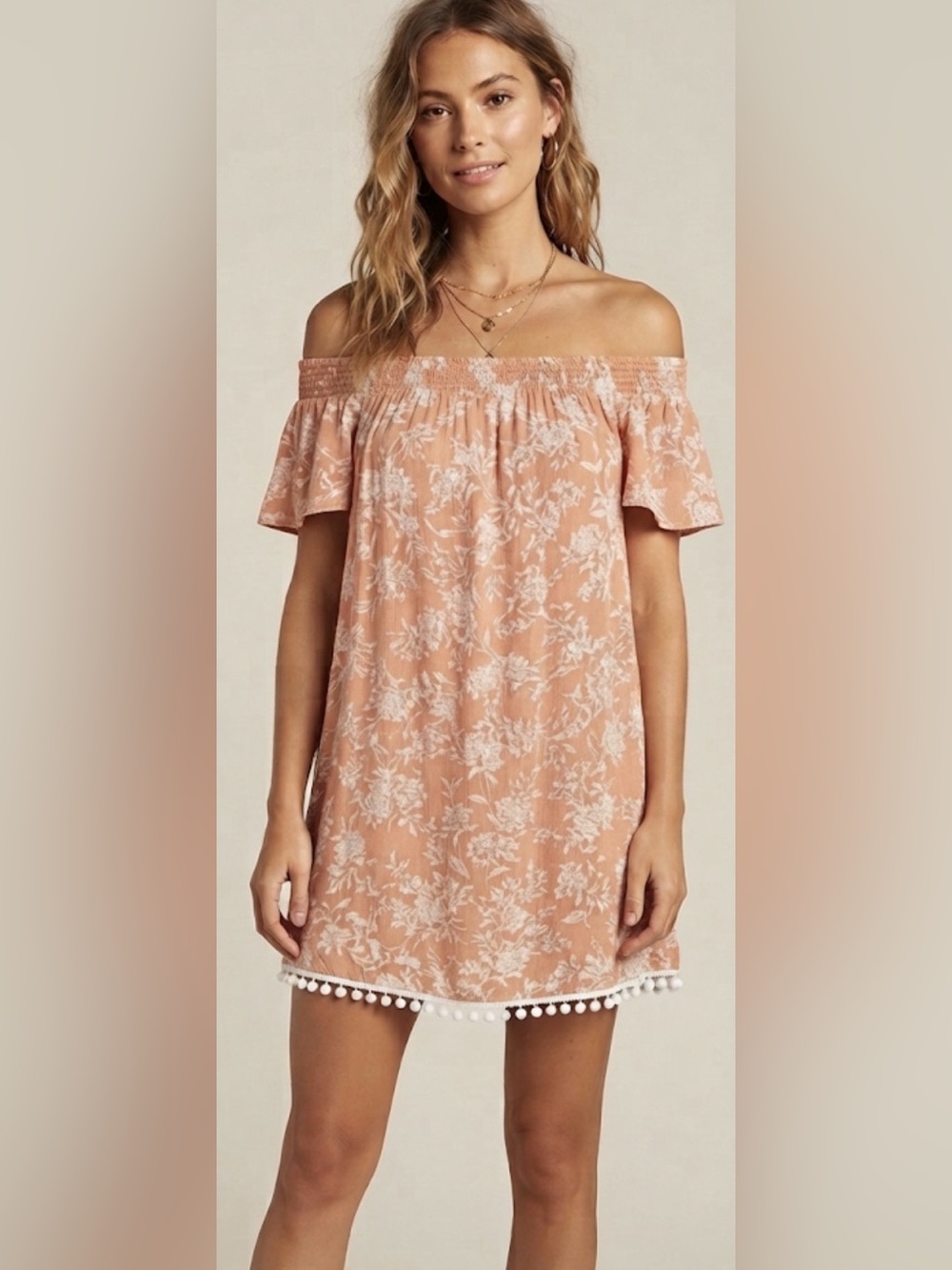 O'Neill Peach Floral Smocked Off-The-Shoulder Mini Dress Boho Size L